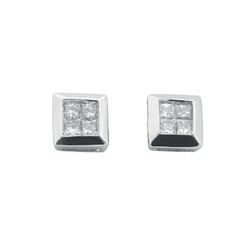 9ct White Gold 0.25ct 4 Stone Rubover Set Princess Cut Diamond Stud Earrings TGC-DER0104