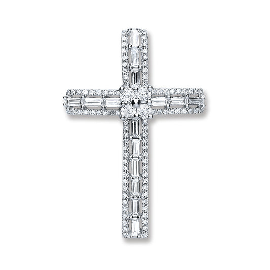 18ct White Gold 1.00ct Baguette & Brilliant Cut Diamond Cross Pendant TGC-DPD0385