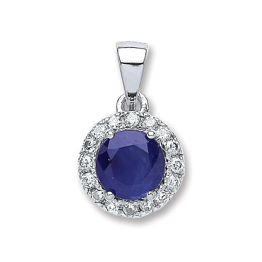 9ct White Gold 0.15ct Diamond, 0.6ct 5mm Round Sapphire Pendant TGC-DPD0397