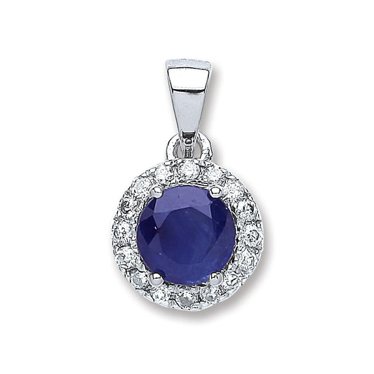 9ct White Gold 0.15ct Diamond, 0.6ct 5mm Round Sapphire Pendant TGC-DPD0397