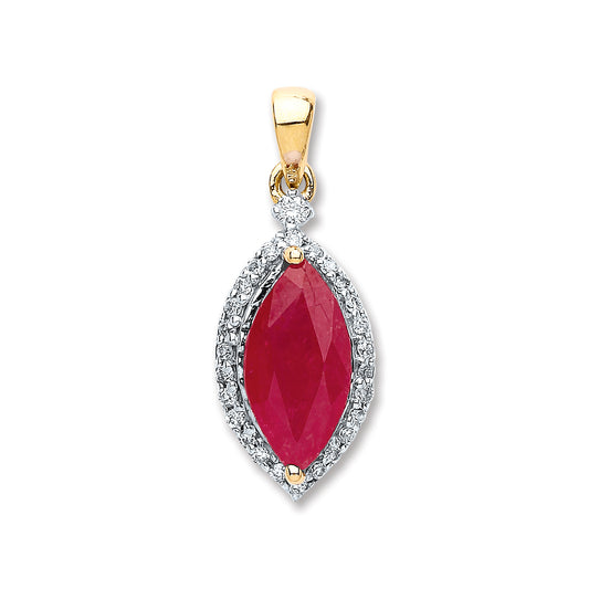 9ct Yellow Gold 0.10ct Diamond, 0.90ct Marquise Ruby Pendant TGC-DPD0401