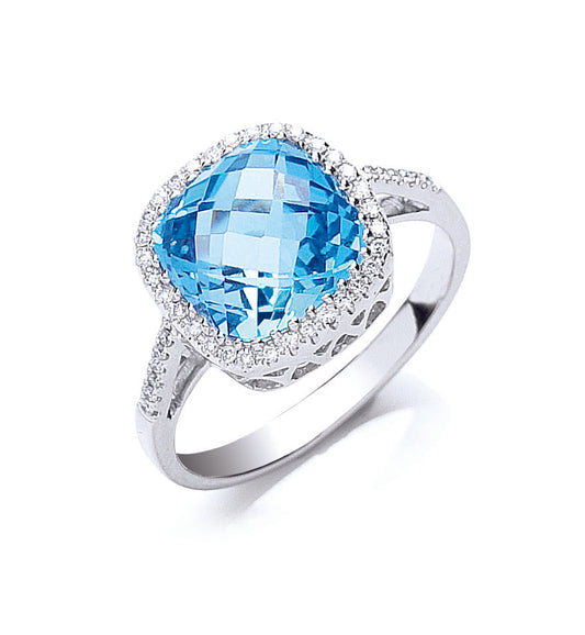 9ct White Gold Diamond & Blue Topaz Ring TGC-DR0750