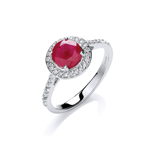 9ct White Gold 0.20ct Diamond, 0.70ct 5mm Ruby Ring TGC-DR0860