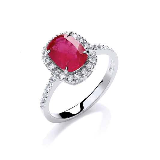 18ct White Gold 0.25ct Diamond,  Cushion 1.9ct Ruby Ring TGC-DR0862