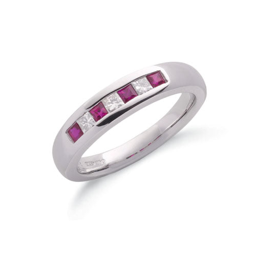 9ct White Gold Princess Cut Diamond & Ruby Eternity Ring TGC-DR0416