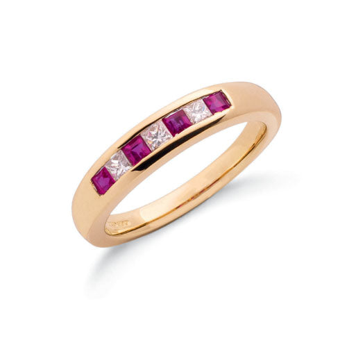 9ct Yellow Gold Princess Cut Diamond & Ruby Eternity Ring TGC-DR0418