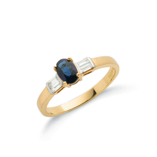 9ct Yellow Gold Baguette Cut Diamond & Blue Sapphire Ring TGC-DR0424