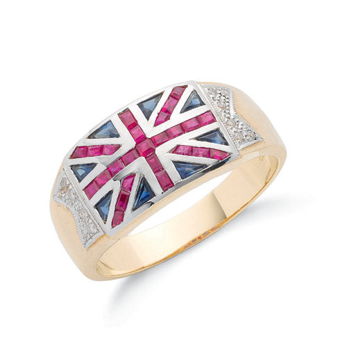 9ct Yellow Gold Diamond Blue Sapphire & Ruby Union Jack Ring TGC-DR0503