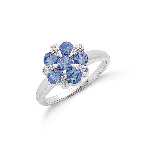 9ct White Gold Diamond & Tanzanite Flower / Cluster Ring TGC-DR0546