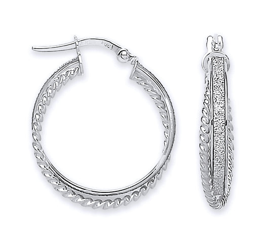 White Gold Moondust & Ribbed Edge Twisted Hoop Earrings TGC-ER1533