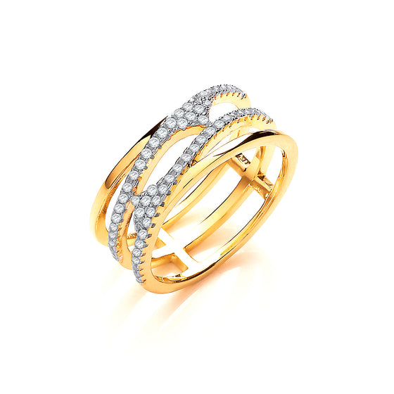 Yellow Gold Coated Silver, Three Row, Micro Pave Cz Ring TGC-JZR097