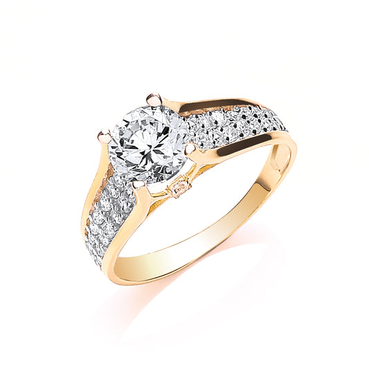 Yellow Gold Ladies Single Stone Two Row Cz Shoulder Ring TGC-R0634