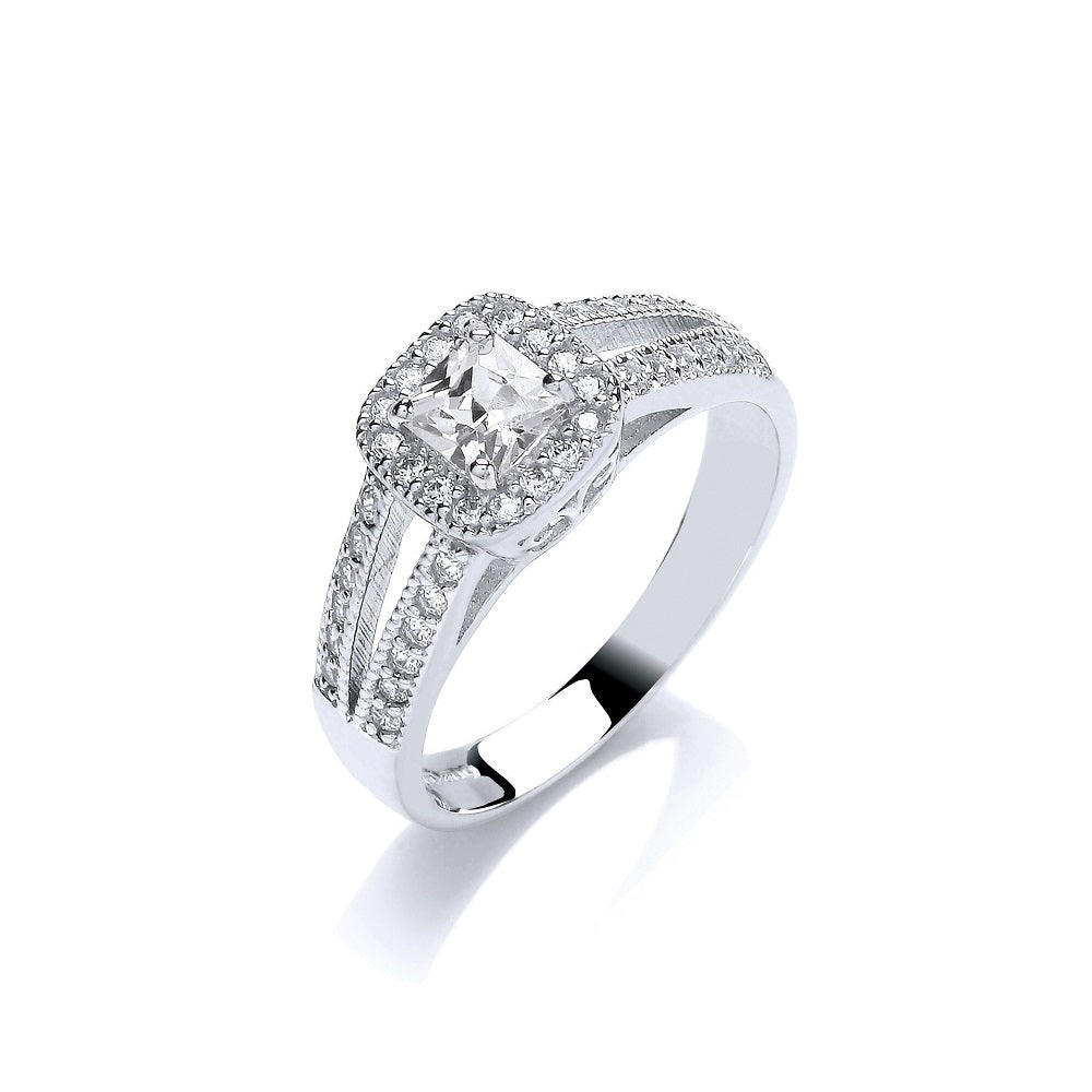 White Gold Ladies Princess Centre Split Shank Cz Ring TGC-R0644