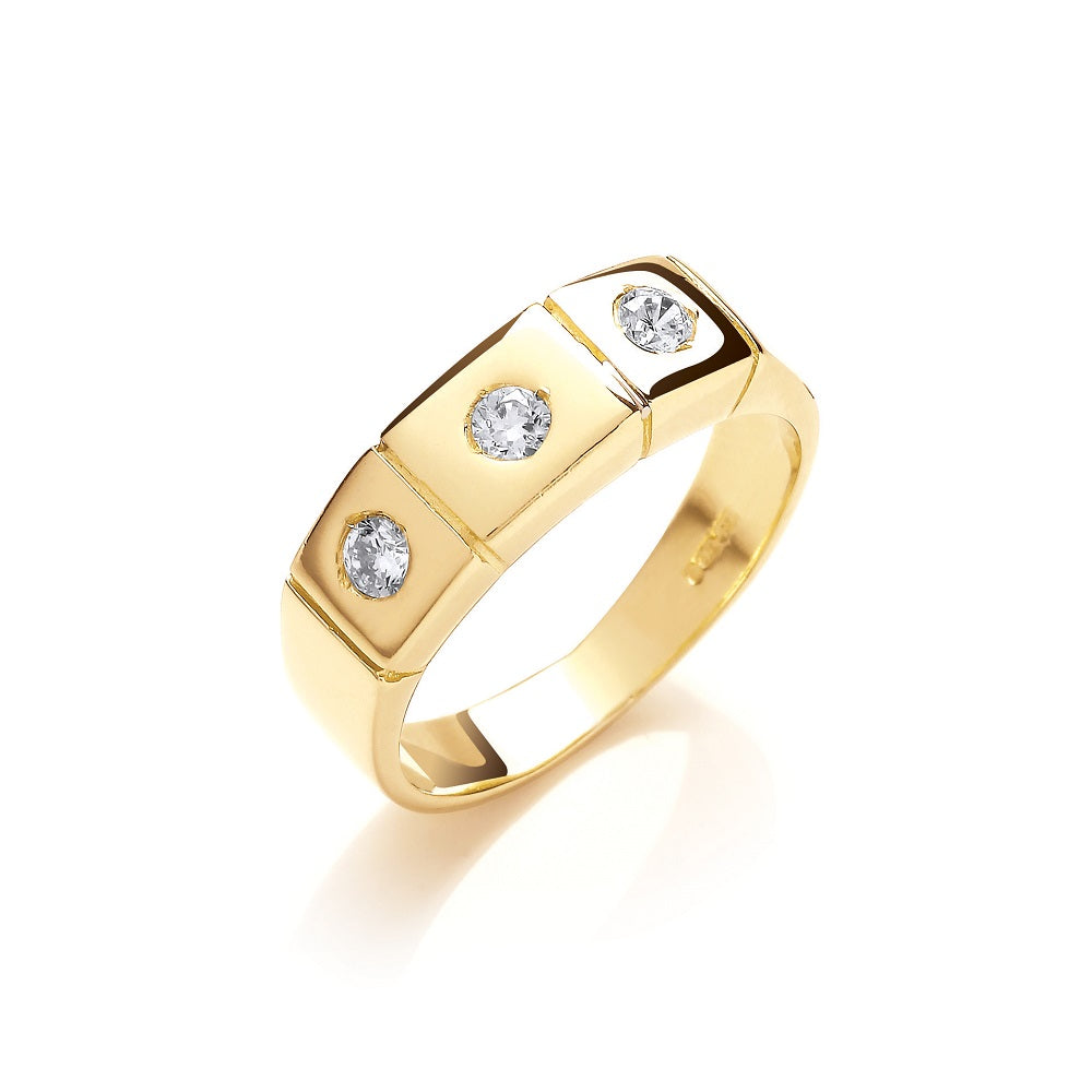 Yellow Gold 3 Stone Rub Over Setting Cz Ring TGC-R0645