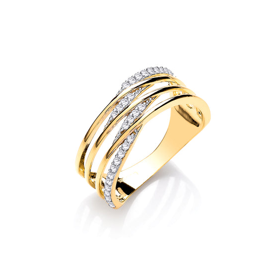 Yellow Gold Stripes & Cz's Ladies Ring TGC-R0657