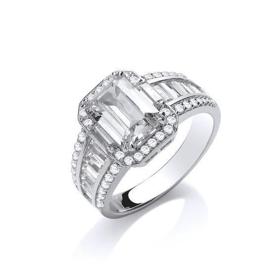 White Gold Baguette Fancy Solitaire with Round Cz's Ring TGC-R0662