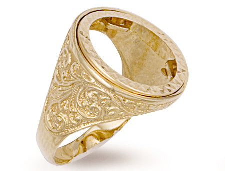 Yellow Gold Half Engraved Sides Sovereign Ring TGC-R0013H