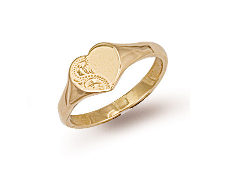 Yellow Gold Heart Shaped Engraved Maiden Signet Ring TGC-R0228