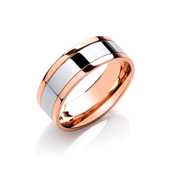 8mm Flat Court Two Colour with Parallel Groove Wedding Band  TGC-WR0081